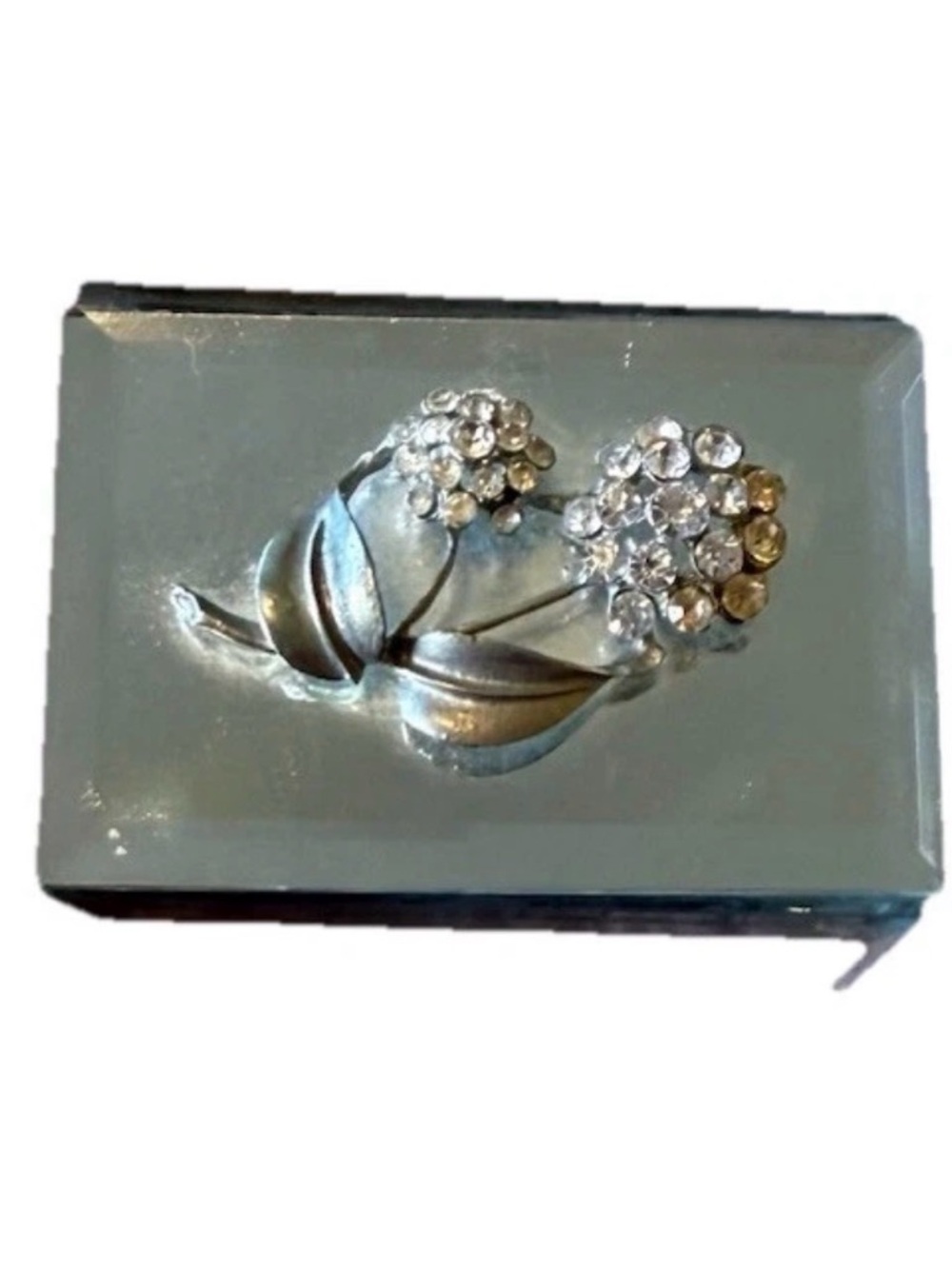 Mirrored Trinket Box Rhinestone Floral Decor Black Velvet Interior